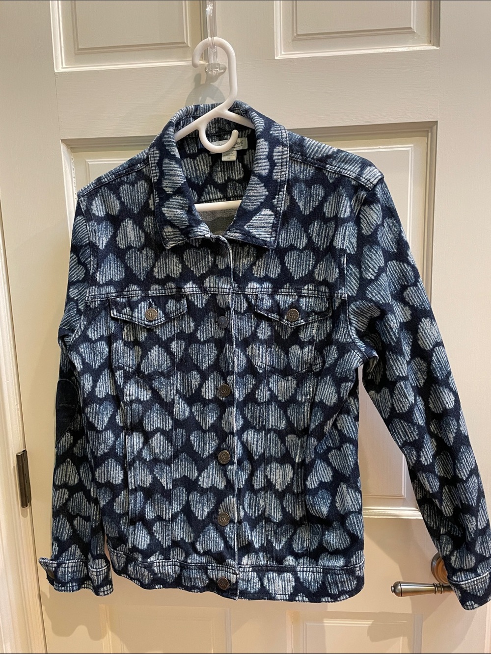 Coldwater Creek Heart Printed Jean Jacket with Heart Patches on Elbows XL
